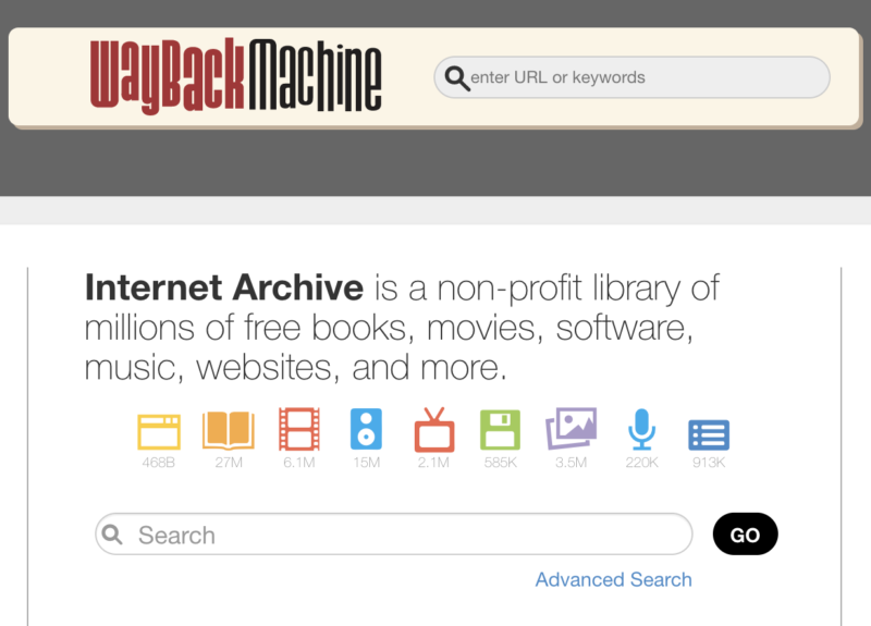 Screenshot of the Internet Archive's home page, describing the site as 
